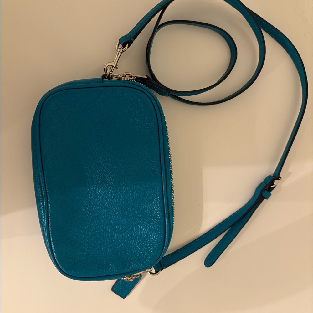 COACH Teal Pebbled Leather Crossbody Wristlet with Silver Hardware - Picture 5 of 9